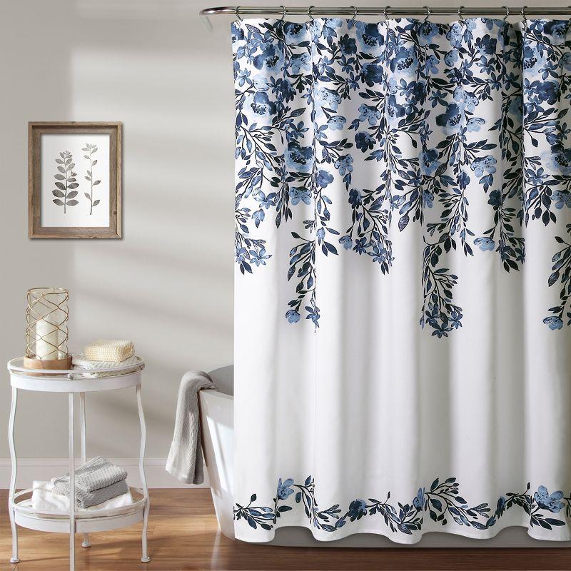 Navy and White Floral Polyester Shower Curtain