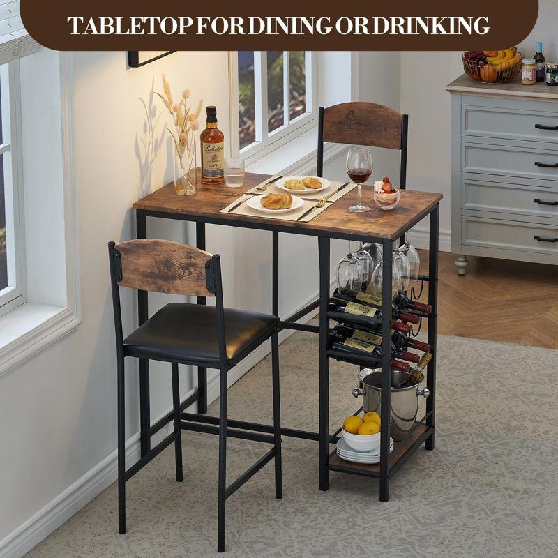 Whizmax Bar Table Set for 2 with Footrest, Kitchen Dining Table with 2 Upholstered Chairs, Small Space Counter Height Barstools for Counter Bar, Brown