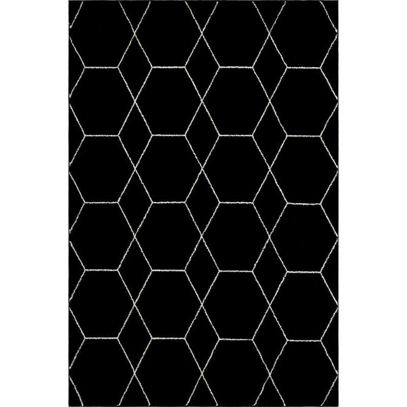 Black and Ivory Trellis Pattern Easy-Care Synthetic Area Rug