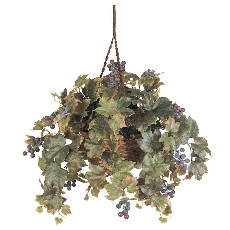 Green Silk Grape Leaf Hanging Basket with Wicker Planter