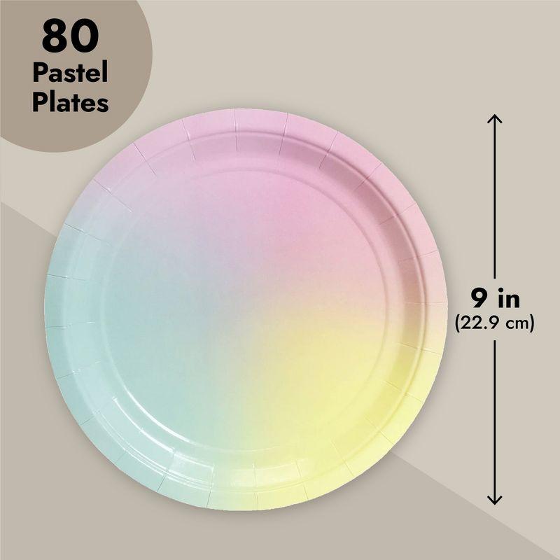 Blue Panda 80-Pack Pastel Rainbow Disposable Paper Plates 9" Birthday Party Supplies