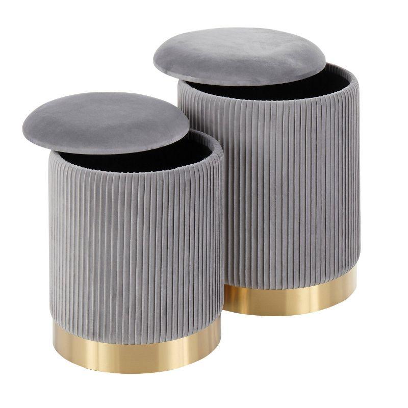 LumiSource Marla Contemporary Nesting Pleated Ottomans Gold/Gray: Velvet Upholstered, Metal Legs, No Assembly Required