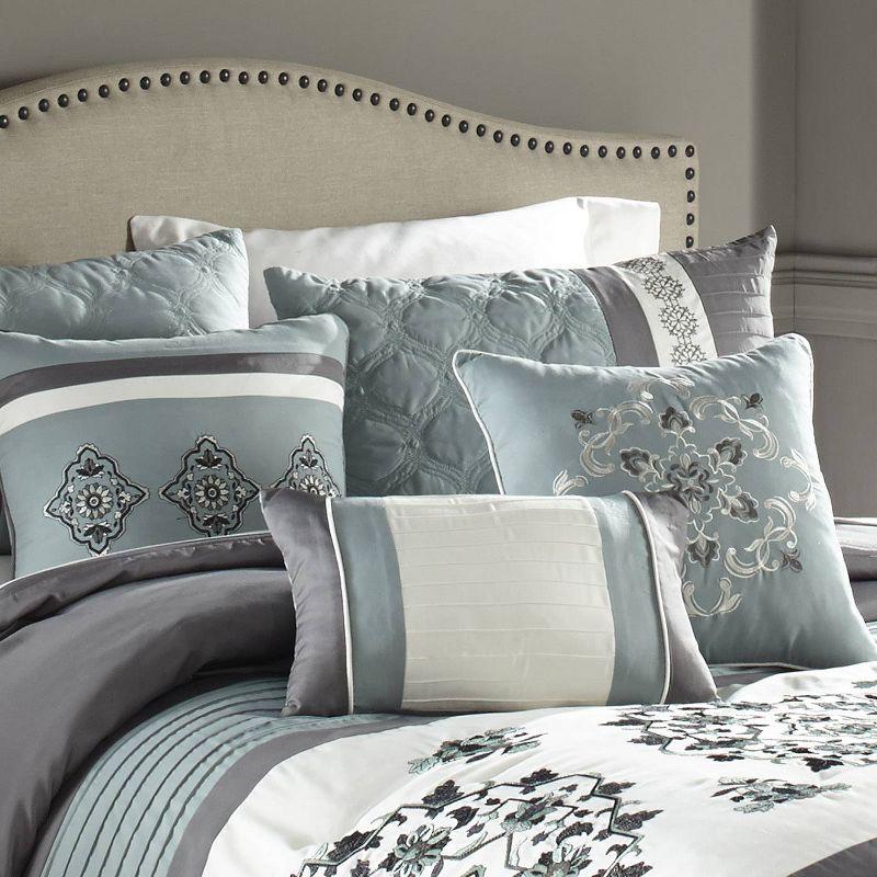Riverbrook Home 7pc King Alex Comforter Set Blue & Gray : Polyester Medallion Pattern, Pleated & Quilted Design, Machine Washable
