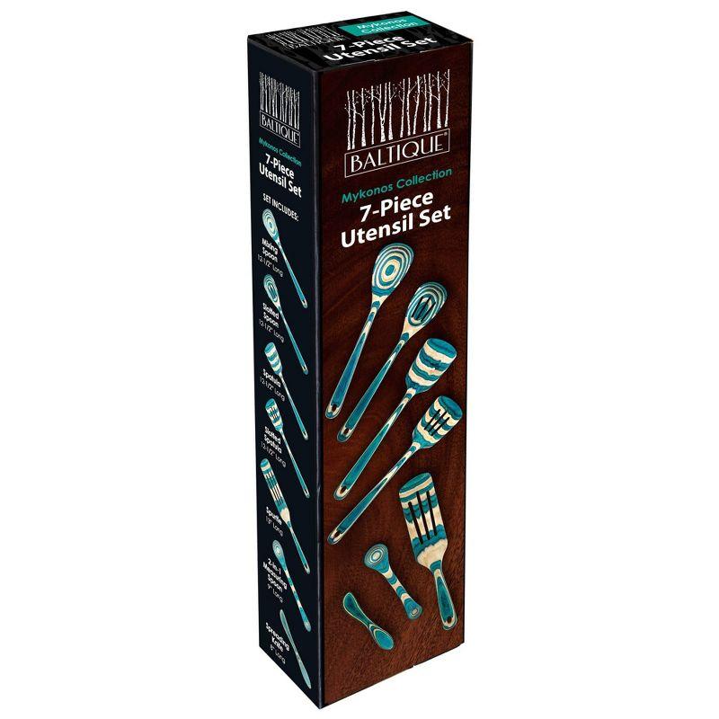 Baltique 7pc Mykonos Kitchen Utensil Set: Wooden Cooking Utensils, Spurtle, Large Soup Utensil, Blue, Hand Wash