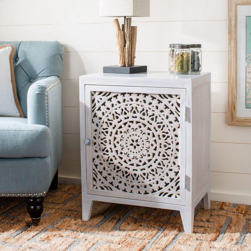 Thea White Washed Carved Wood 1-Door Nightstand