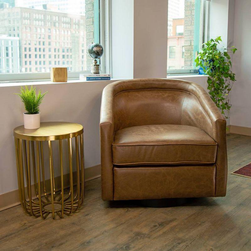 Walnut Faux Leather Swivel Barrel Chair with Metal Base