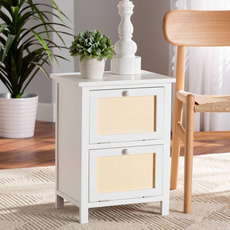 Sariah Wood Rattan 2 Door Nightstand White - Baxton Studio: Bohemian Style, Bedside Storage, No Assembly Required