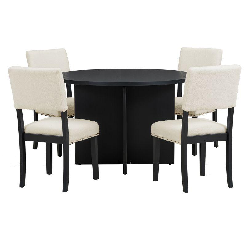 Modern Black Pedestal 5-Piece Dining Set with Beige Upholstered Chairs