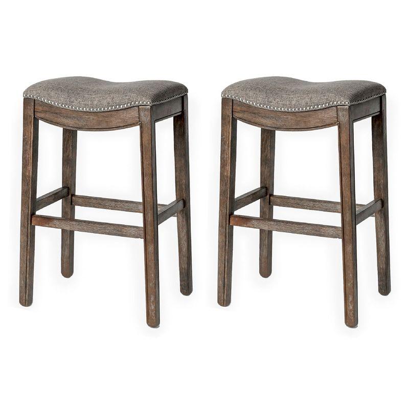 Adrien 31" Gray Wirebrush Wood Saddle Bar Stool, Set of 2