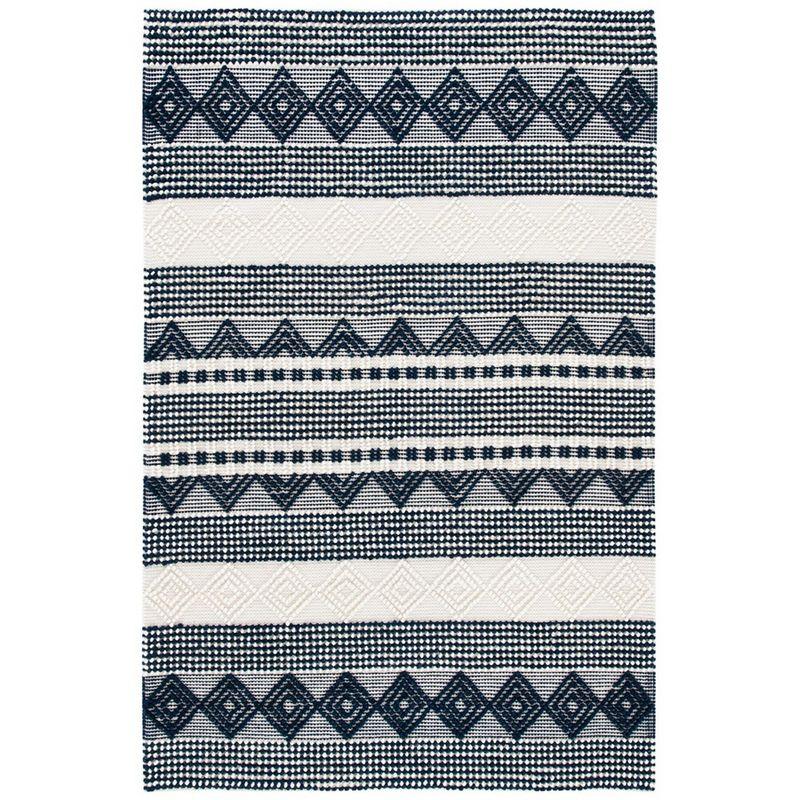 Southwestern Hand Woven Wool/Cotton Southwestern Rug in Dark Navy/Ivory