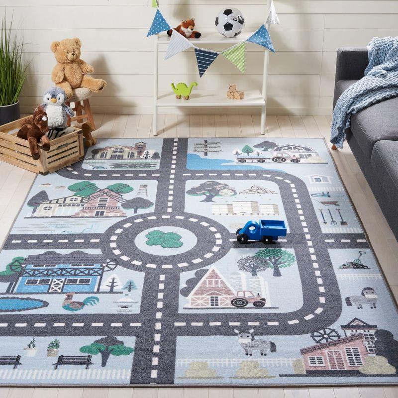 Blue and Dark Grey Kids Playhouse Farm Area Rug