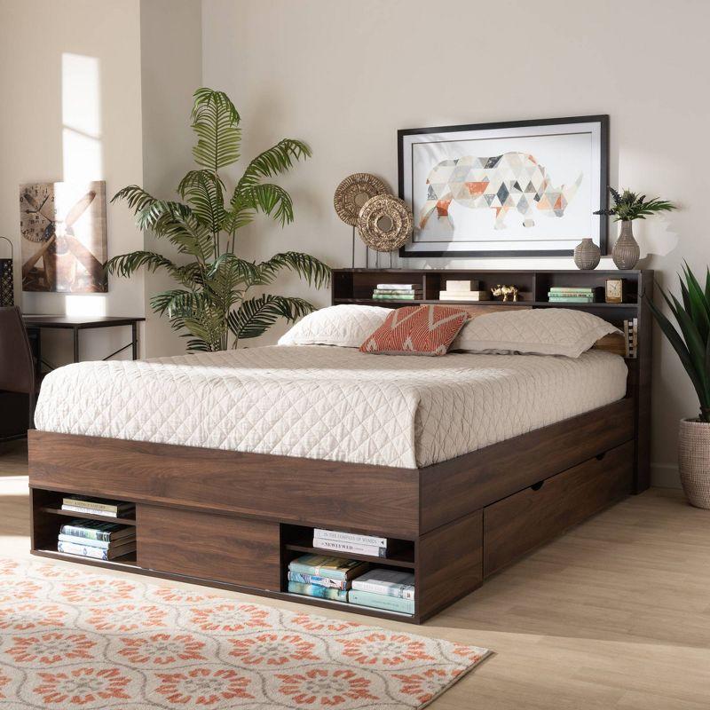 Queen 1 Drawer Tristan Wood Platform Storage Bed with Shelves Dark Brown - Baxton Studio