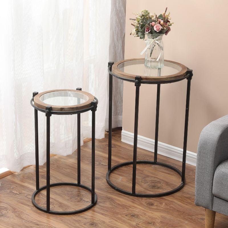 LuxenHome 2-Piece Metal and Glass Round Accent Drink Table. Brown