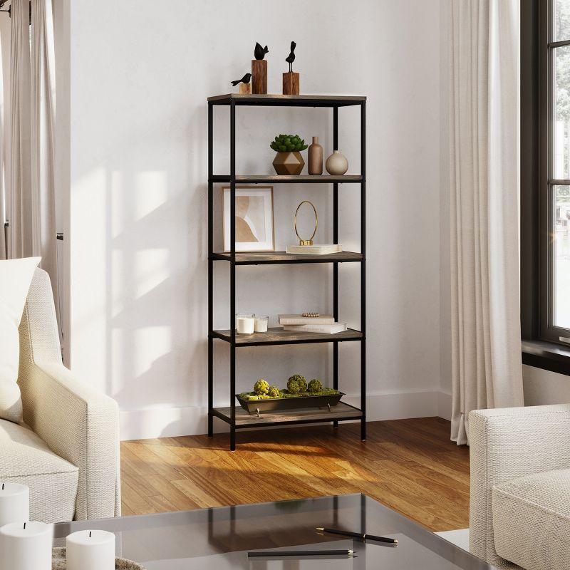 Rustic Gray Woodgrain 5-Tier Industrial Bookshelf