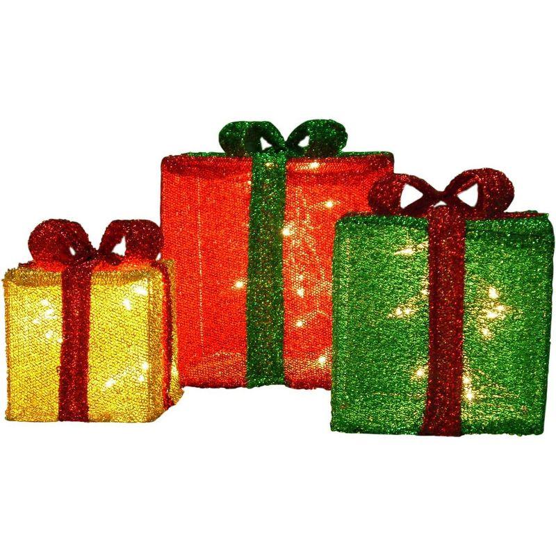 Set of Three Red, Gold, Green LED Tinsel Presents