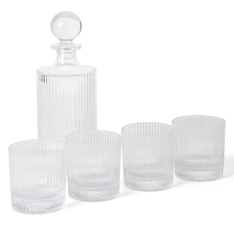 Clear Ribbed Glass Decanter and 4 Lowball Glass Set