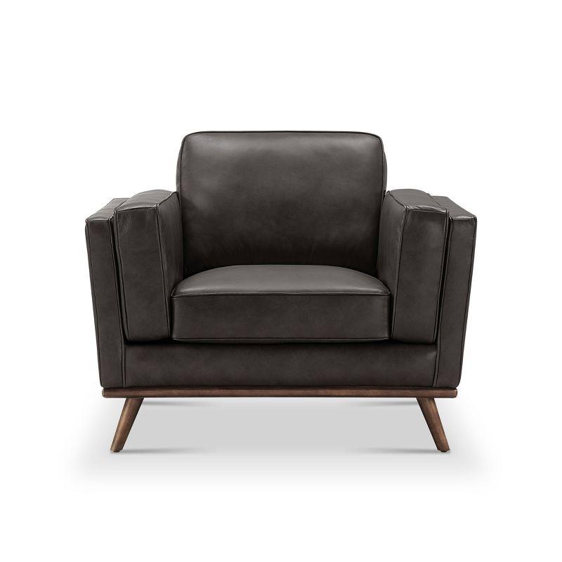 Nikki Mid-Century Modern Gray Genuine Leather Armchair with Walnut Wood Trim