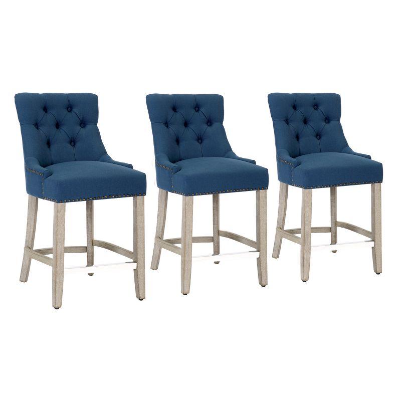 Blue Linen Tufted Wingback Counter Stool Set with Antique Gray Legs