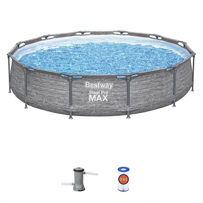 Bestway Steel Pro MAX 12' x 30" Round Above Ground Swimming Pool Set Outdoor Metal Frame Family Pool with Liner and Filter Pump, Gray
