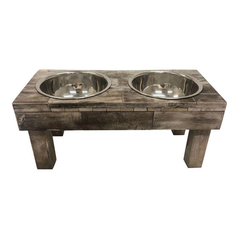 Large Brown Wash Reclaimed Wood Elevated Double Bowl Pet Feeder