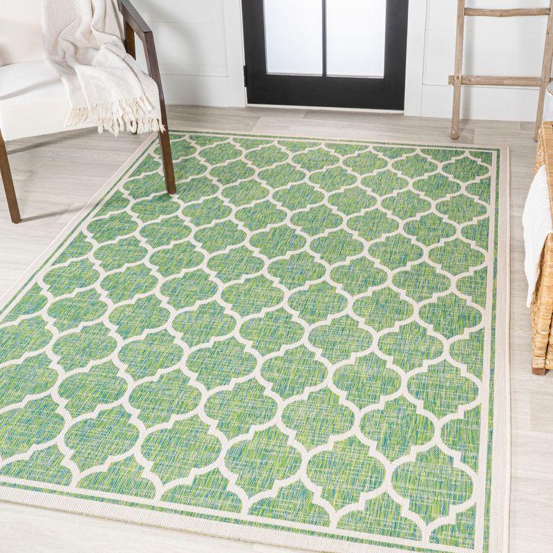 3' x 5' Trebol Moroccan Trellis Textured Weave Indoor/Outdoor Area Rug, Cream/Green - JONATHAN Y