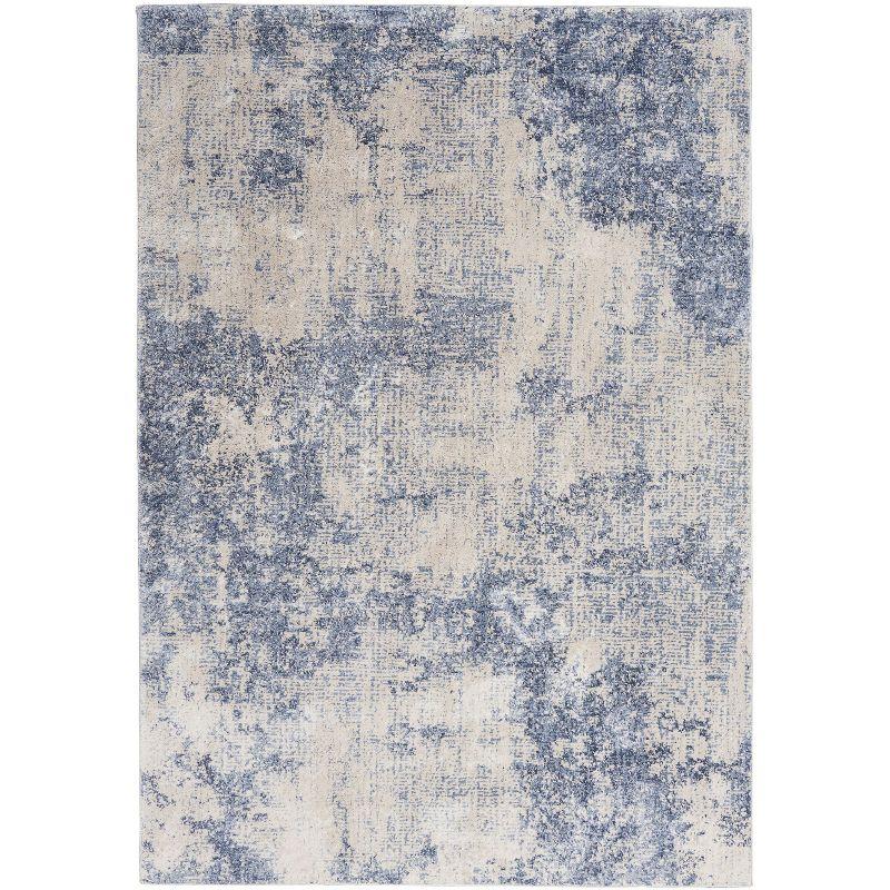 Ivory and Blue Abstract Hand-Knotted 5' x 7' Rug