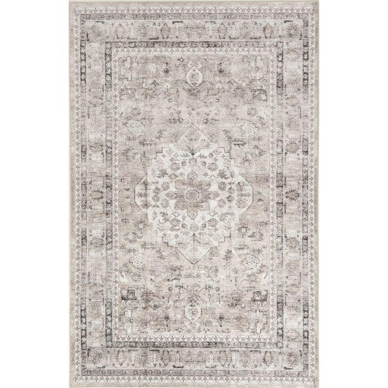 Nuloom Davi Medallion 5x8 Spill Proof Machine Washable Indoor Area Rug for Living Room Bedroom Dining Room Kitchen, Stone/Ivory