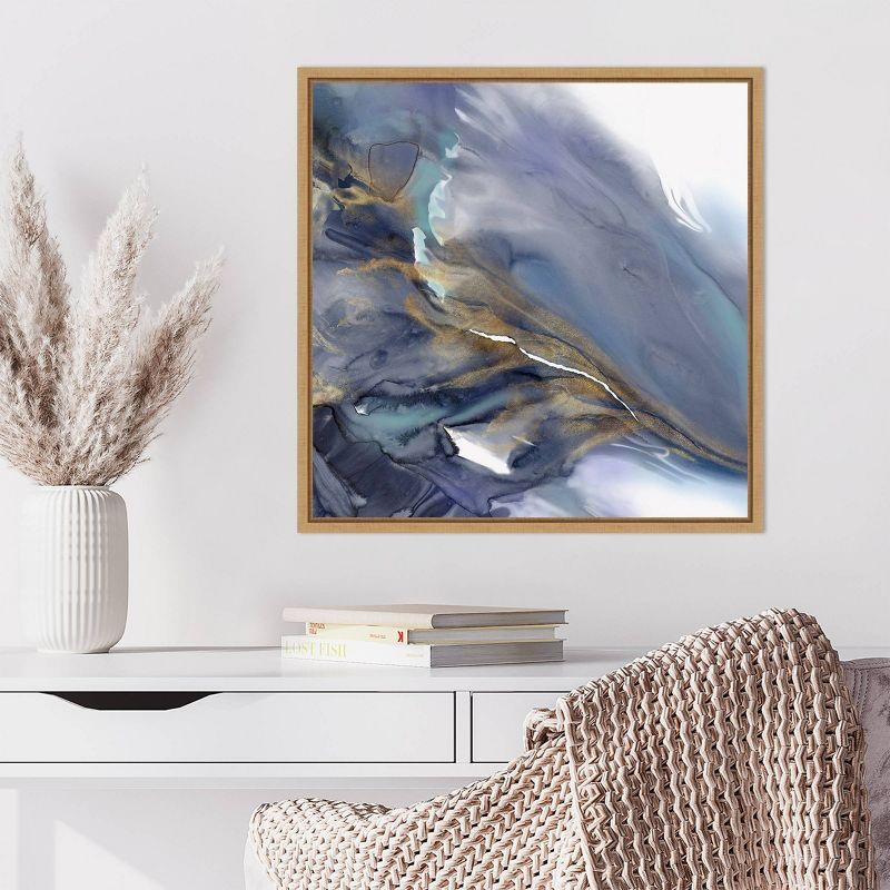 Water Wonder Abstract Blue and Gold Canvas Art with Maple Frame