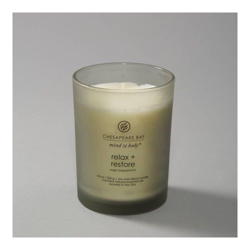 Frosted Glass Relax + Restore Lidded Jar Candle Light Gray 8.8oz - Mind & Body by Chesapeake Bay Candle: Herbal Sage, Sweet Mandarin