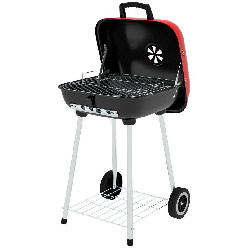 Outsunny 18" Portable Charcoal Grill with Wheels, Bottom Shelf and Adjustable Vents for Picnic, Camping, Backyard Cooking, Red