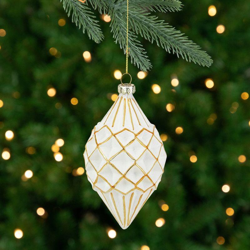 5" Glittered White and Gold Geometric Finial Glass Christmas Ornament