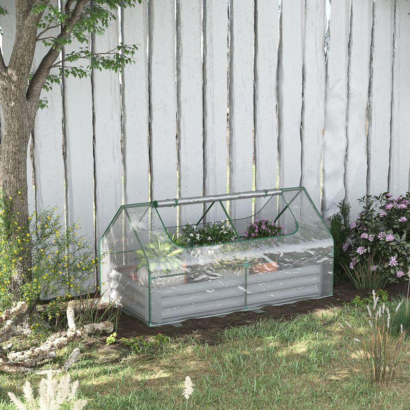 Outsunny Raised Garden Bed with Mini Greenhouse, Steel Outdoor Planter Box with Plastic Cover, Roll Up Window, Dual Use