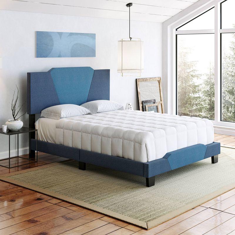 Queen Blue Upholstered Wood Frame Bed with Linen Headboard