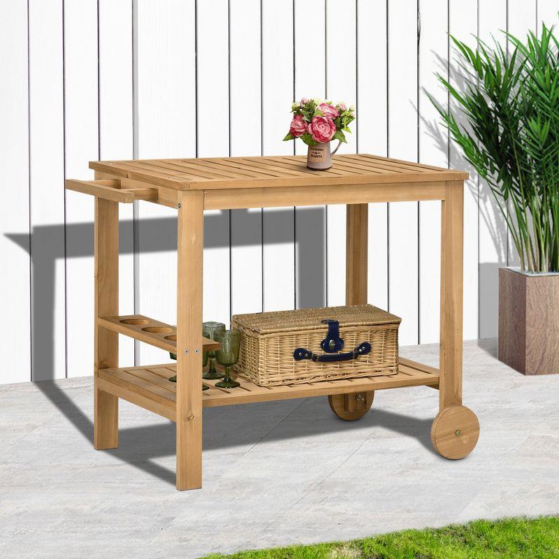 Outsunny Outdoor Bar Cart, Wood Rolling Home Bar & Serving Cart with 2 Shelves, Wine Bottle Holders for Garden, Dining Room, Natural