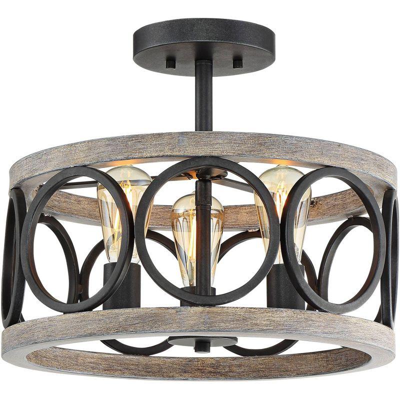 Franklin Iron Works Salima Rustic Farmhouse Ceiling Light Semi Flush Mount 16" Wide Black Gray Wood 3-Light for Bedroom Kitchen Living Room Hallway