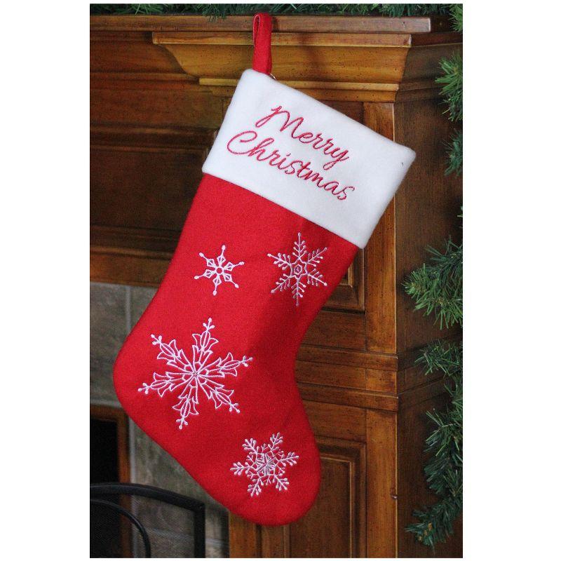 Northlight 16" Red and White Merry Christmas Snowflake Embroidered Christmas Stocking