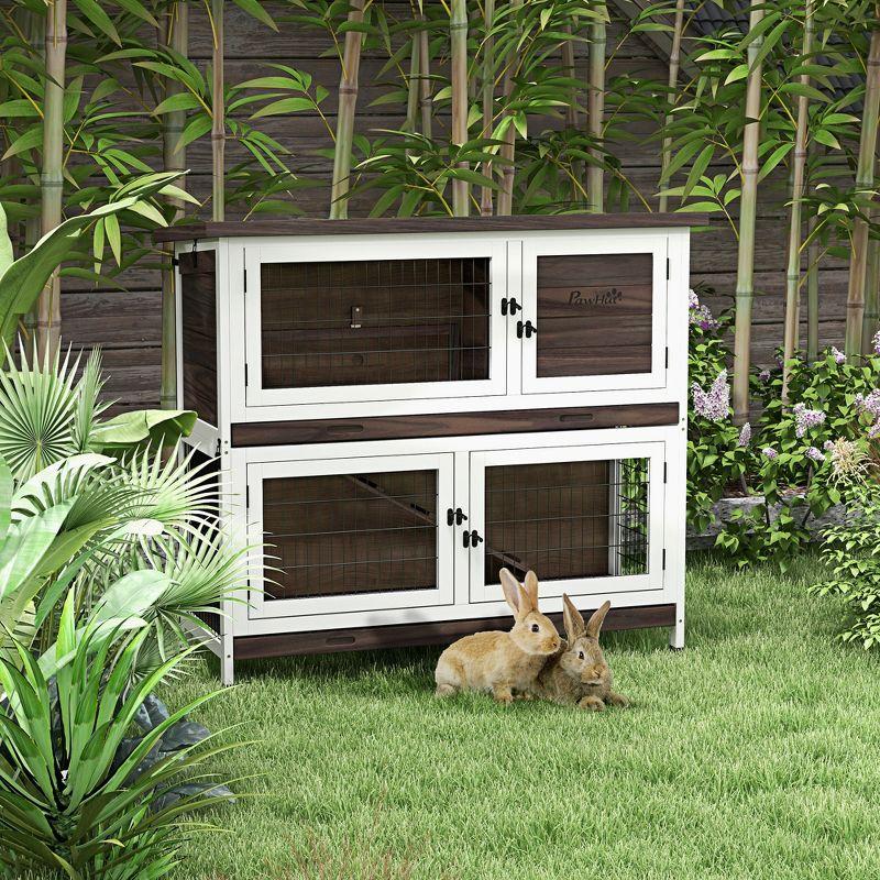 46" Brown and White Wooden Double-Decker Guinea Pig Hutch