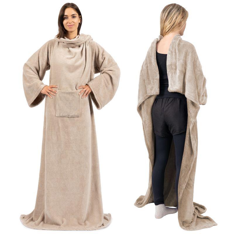 Taupe Fleece Wearable Blanket with Sleeves and Pocket