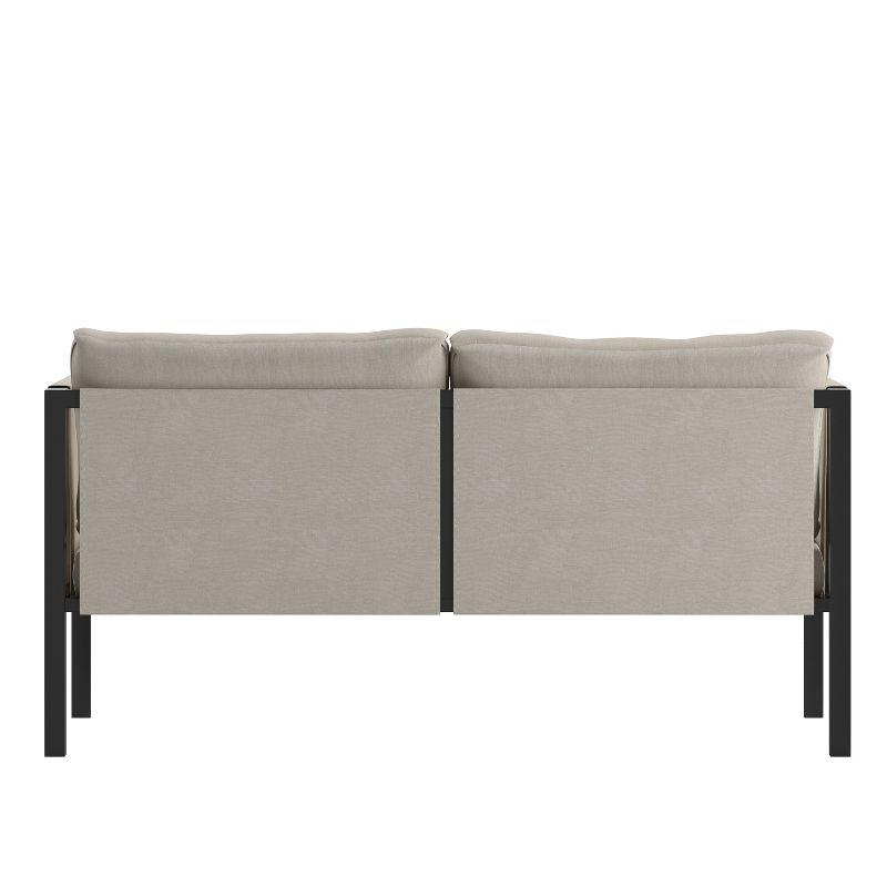 Flash Furniture Lea Indoor/Outdoor Loveseat with Cushions - Modern Steel Framed Chair with Storage Pockets, Black with Beige Cushions