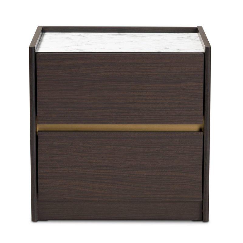 Walker Wood Nightstand: Faux Marble Top, Gold Accents, 2 Drawers - Baxton Studio