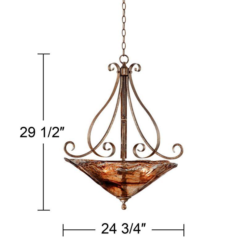 Franklin Iron Works Amber Scroll Golden Bronze Pendant Chandelier 24 3/4" Wide Rustic Art Glass Bowl 3-Light Fixture for Dining Room Kitchen Island