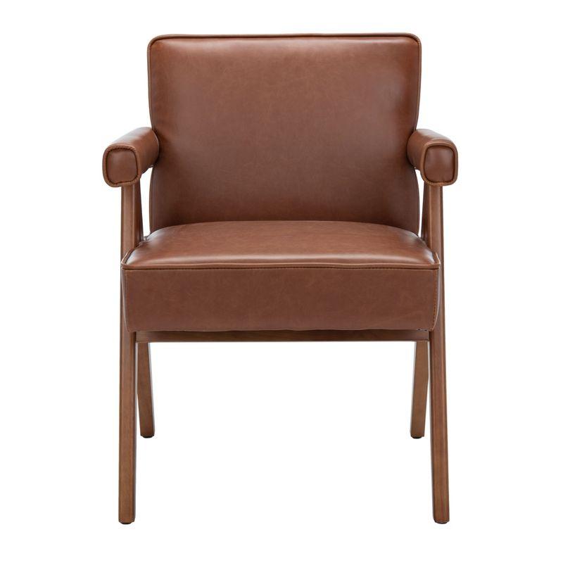 Contemporary Cognac Faux Leather Arm Chair with Walnut Finish