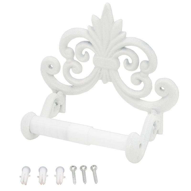 AuldHome Design White Farmhouse Cast Iron Toilet Paper Holder; Wall Mount Vintage Decor Fleur de Lis TP Hanger
