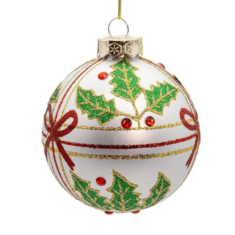 Kurt Adler 80MM Glass Holly and Bow Ball 6-Piece Ornament Set