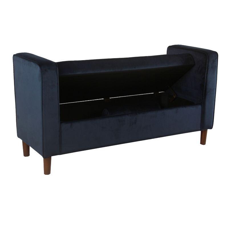 Mid-Century Dark Navy Velvet Storage Bench with Bolster Pillows