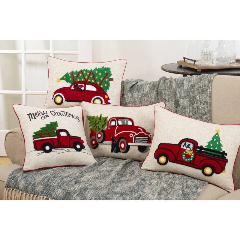 Vintage Red Truck Poly Blend Square Throw Pillow Tan - Saro Lifestyle: Festive Holiday Decor, Embroidered, Indoor