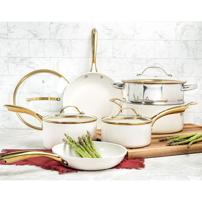 Gotham Steel Cream 15-Piece Ultra Nonstick Ceramic Cookware Set with Utensils with Gold Handles