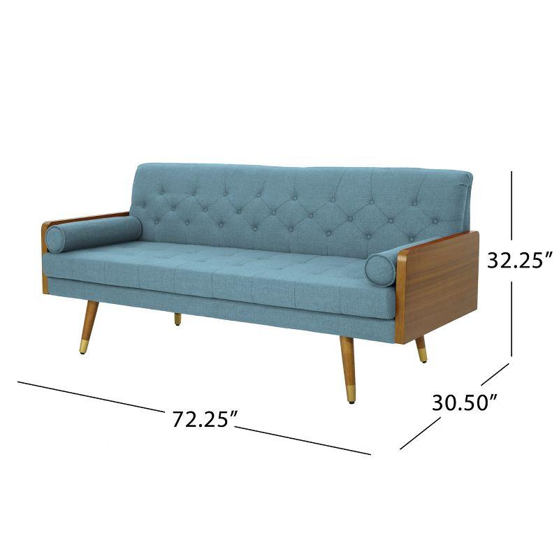 GDFStudio Aidan Mid Century Modern 72.25" Tufted Upholstered 3 Seater Sofa，Blue/Dark Walnut/Gold