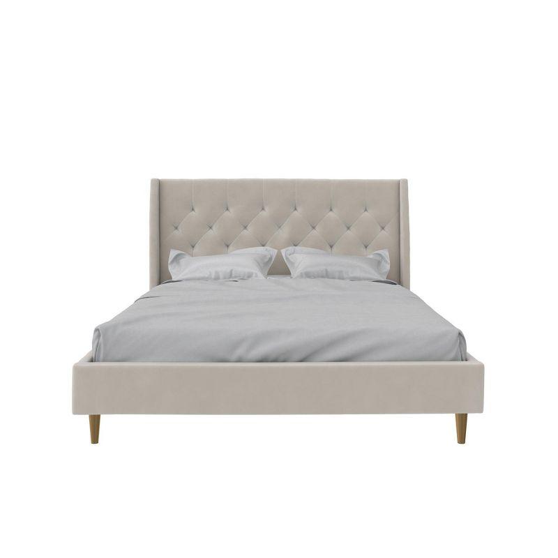 Ivory Velvet Queen Platform Bed with Diamond Tufted Wingback Headboard