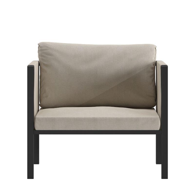 Flash Furniture Lea Indoor/Outdoor Patio Chair with Cushions - Modern Steel Framed Chair with Storage Pockets, Black with Beige Cushions